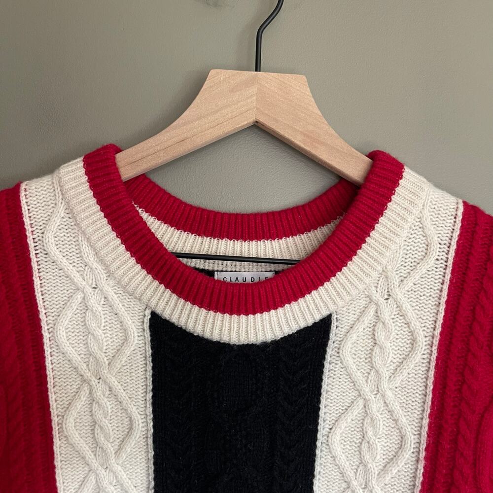 CLAUDIE PIERLOT Mixity Pullover Sweater Size Medium Red Black Cream Puff Sleeves - Picture 7 of 16